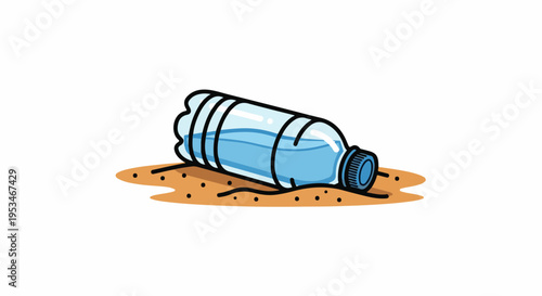 A cartoon bottle of water lies on its side in the sand