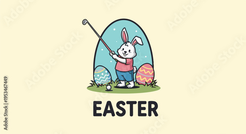 A cartoon bunny plays golf surrounded by decorated eggs and the word Easter