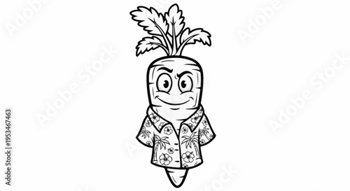 A cartoon carrot with a happy face wears a tropical Hawaiian shirt