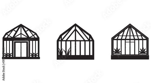 Greenhouse structures with plants and glass panels in different designs and layouts for gardening and cultivation purposes  various architectural styles