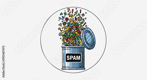 A cartoon can labeled "SPAM" overflows with colorful, miscellaneous symbols