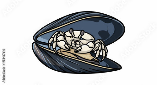 A cartoon crab peeks out from a dark blue mussel shell