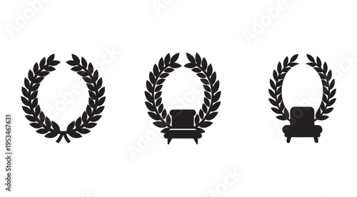 Laurel wreath icons with chair silhouettes for awards and decorations  symbols of achievement and luxury living