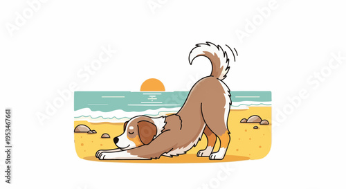 A cartoon dog stretches on a beach with waves and a sunset
