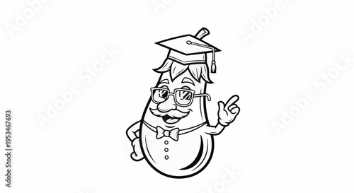 A cartoon eggplant wears a graduation cap, glasses, and a bowtie