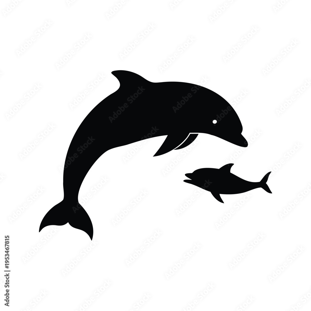 Fototapeta premium silhouette of dolphins swimming in the ocean with vector illustration, dolphin chasing fish silhouette vector illustration