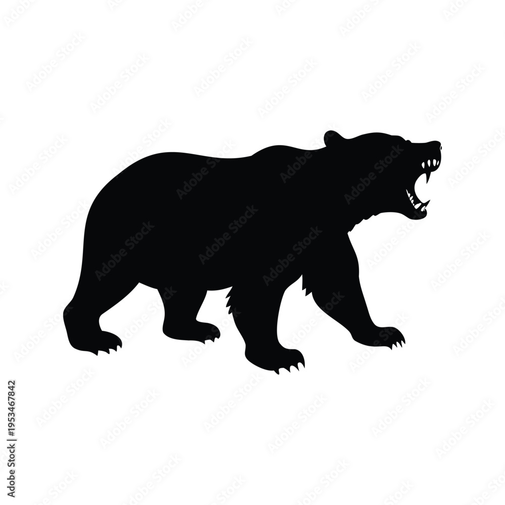 Fototapeta premium Black and white bear standing with mouth open, silhouette vector illustration, bear roaring silhouette vector illustration