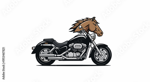 A cartoon illustration of a motorcycle with a horse's head
