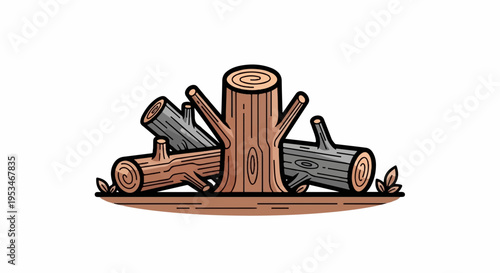 A cartoon illustration of a pile of logs and a tree stump on a patch of ground