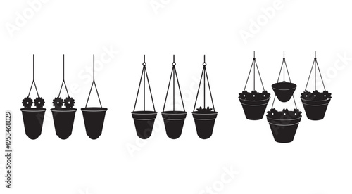 Set of hanging plant pots with plants and gears  isolated on white background