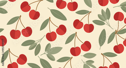 Red Cherries with Green Leaves Pattern.