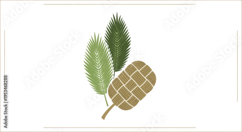 Pinecone and two green pine leaves.