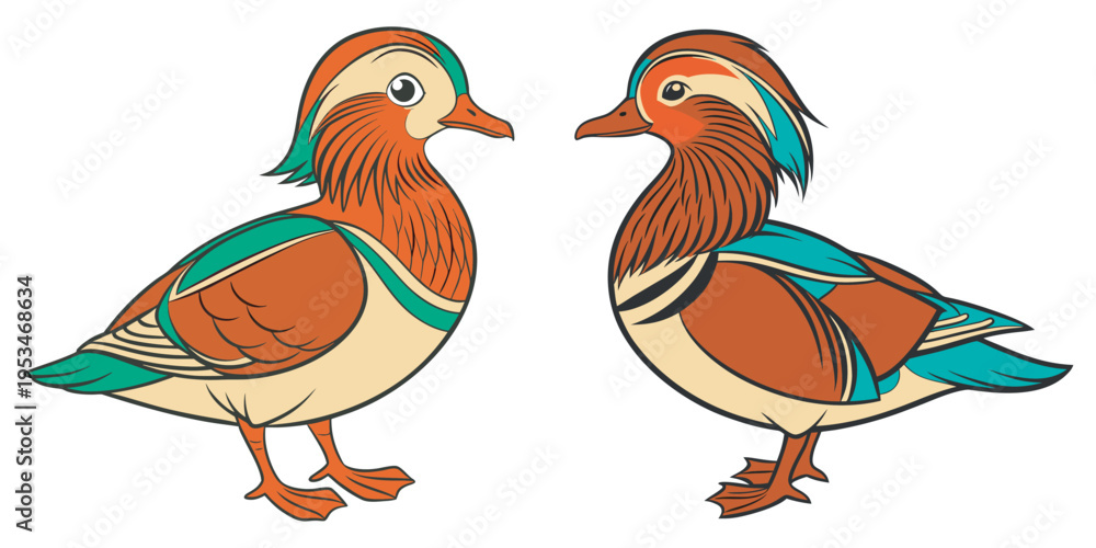 Fototapeta premium pair of colorful mandarin ducks flat design vector illustration