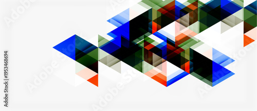 Abstract geometric shapes overlap, creating dynamic composition. Blue, black, orange hues dominate white background. Modern design element.