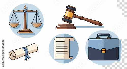 Law and justice symbols including gavel scales briefcase and legal documents on white background