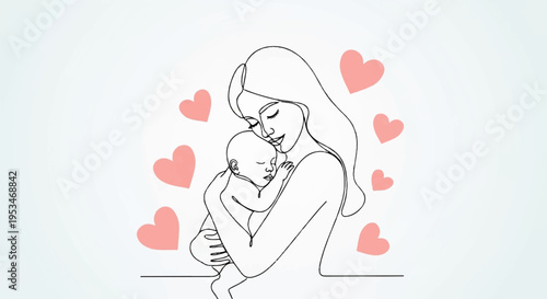 Mother tenderly hugging her baby with hearts around love and care concept