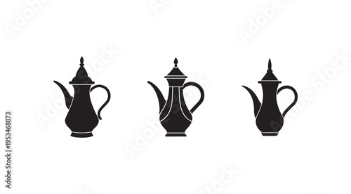 Three Arabic teapot silhouettes with lids and handles in a row on white background  traditional coffee pots