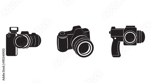 Three black and white camera icons in different styles  photography equipment  various camera types