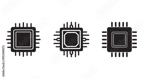 Three black and white computer processor chip icons with pins  electronic components  digital design elements