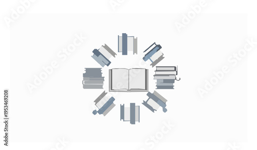 Education and AI concept with open book and stacked books circular layout library vector illustration