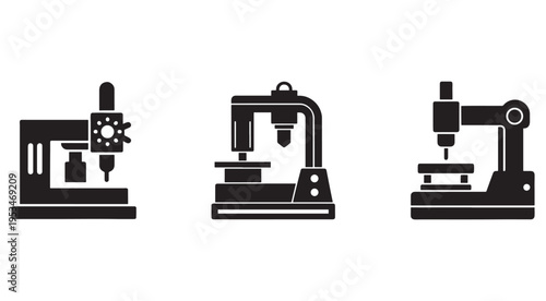Three black and white icons of industrial machines used for manufacturing and production processes  industrial equipment  factory tools