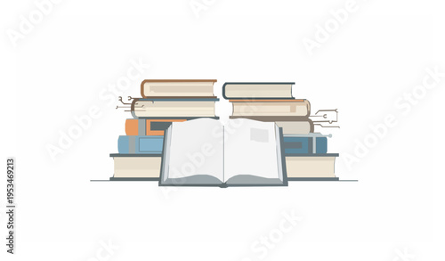 Open book with stack of books and AI digital elements education concept library learning vector illustration