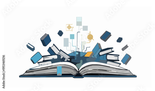 Open book with stacked books and AI technology elements modern education library vector illustration