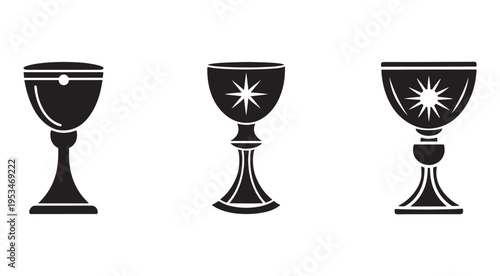 Three black and white icons of chalices with different designs on a white background  simple line art style