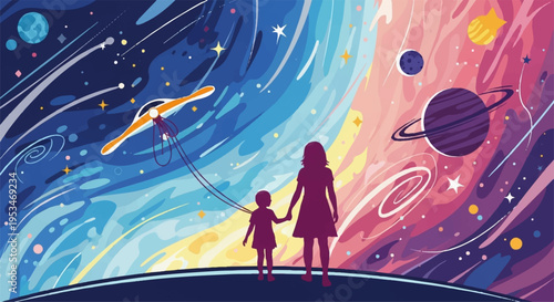 Mother and child gazing at vibrant galaxy with planets and stars in colorful cosmic landscape