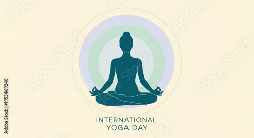 Person in yoga pose on international yoga day with a serene background and greenish blue silhouette