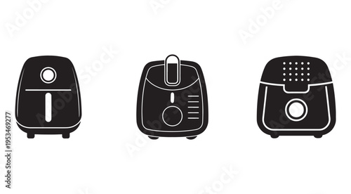 Three black and white illustrations of different air fryers on white background for cooking and kitchen appliance concepts