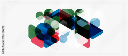 Abstract geometric shapes overlap. Colors include red, blue, green, white. Composition feels modern, dynamic, layered.