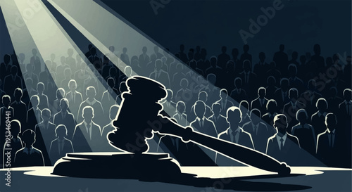 Gavel on desk in courtroom with spotlight shining down on it amidst crowd of people in background symbolizing justice and law
