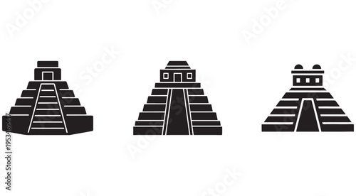 Three black and white illustrations of Mayan pyramids with steps and temples on top  ancient Mesoamerican architecture