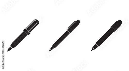 Three black ballpoint pens with white outlines on white background for writing and drawing needs  office supply items