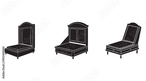Three black bed frames with white outlines in different positions on white background  furniture for home and bedroom decoration