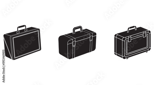 Three black briefcases with white outlines in different positions and angles for business and travel purposes