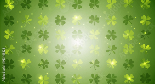 Green four leaf clover pattern with radiant light effect on gradient background symbolizing luck and nature