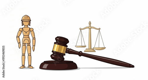 Justice and law concept with wooden mannequin gavel and scales on white background symbolizing fairness and judgment in a legal setting