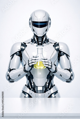 Vector Illustration of AI robot standing in a sterile chemistry laboratory with a single glass flask