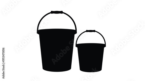Two black buckets of varying sizes presented in dark silhouette