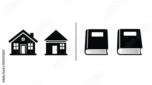 Simple house and book icons depicted in a dark flat silhouette