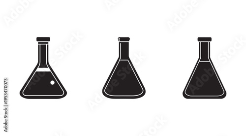 Three black conical laboratory flasks with narrow necks and stoppers on white background  science equipment  laboratory glassware