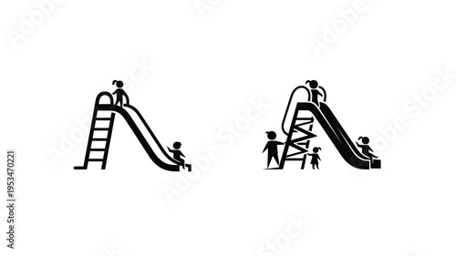 Children playing on slides a simple black graphic silhouette
