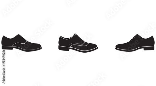 Three black dress shoes with white outlines in different styles and positions  side view  isolated on white background