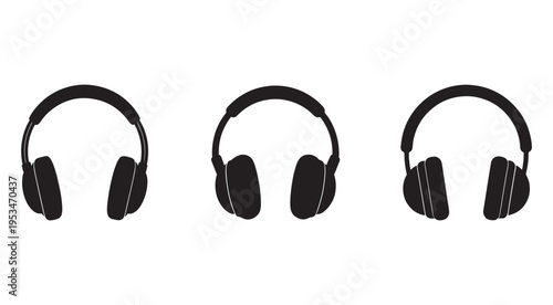 Three black headphones in different positions on white background for music listening and audio equipment illustration  isolated on white