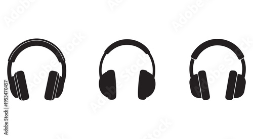 Three black headphones on white background for audio music listening and communication  headphone designs for sound systems