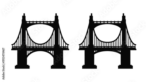 Two black silhouettes of a suspension bridge symmetrical design silhouette