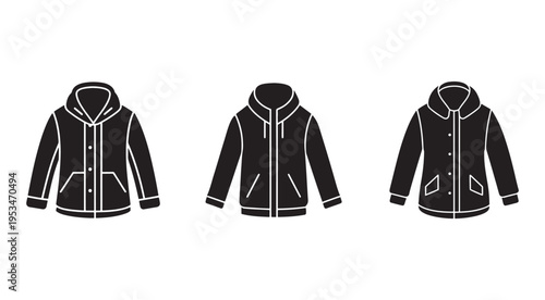 Three black hooded jackets with white outlines side by side front and back views  isolated on white background
