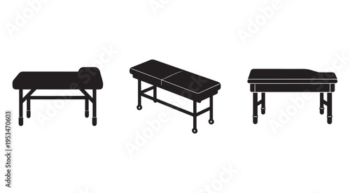 Three black massage tables with wheels on white background  medical equipment  furniture  therapy  healthcare